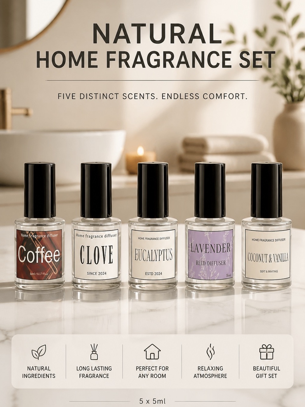 Natural Home Fragrance Reed Diffuser Set – 5 Scents 5 ml in Glass Bottles